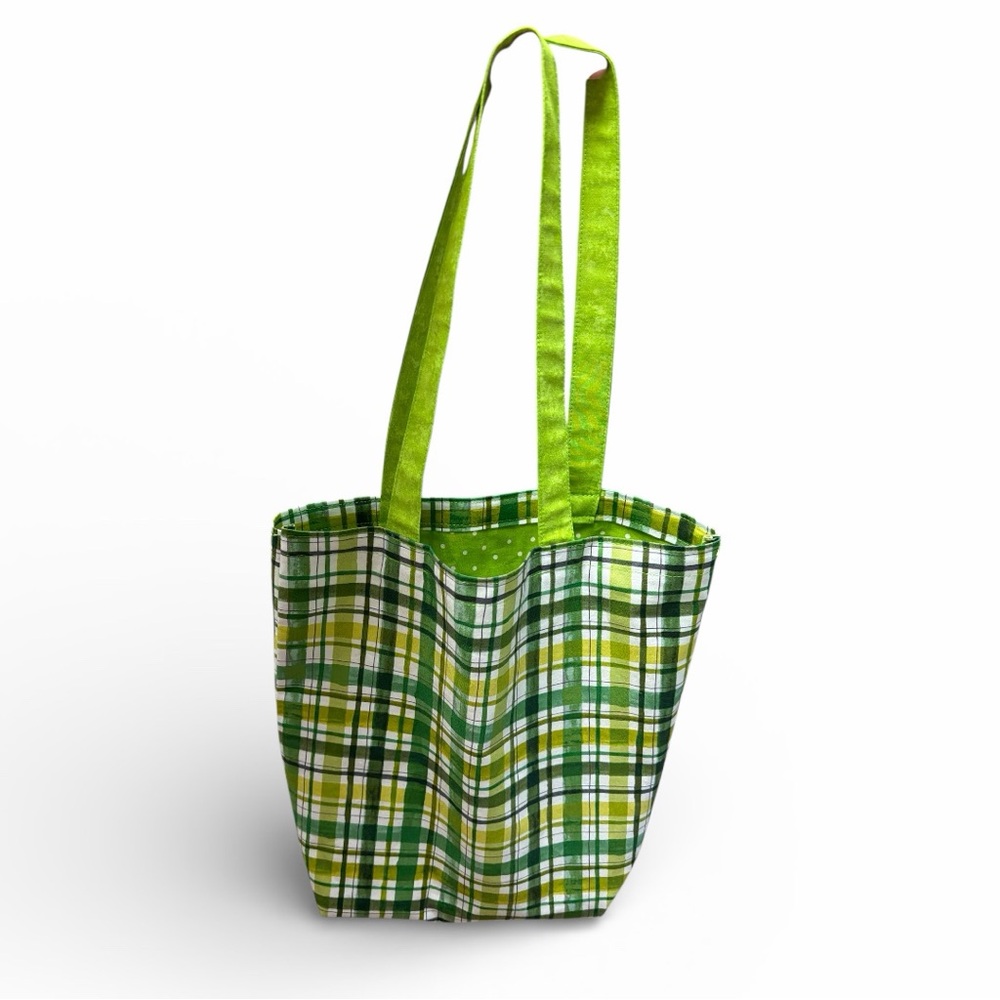 Hand Crafted Green Plaid Tote Bag with Green Polka Dots Liner Inside - Picture 5 of 8